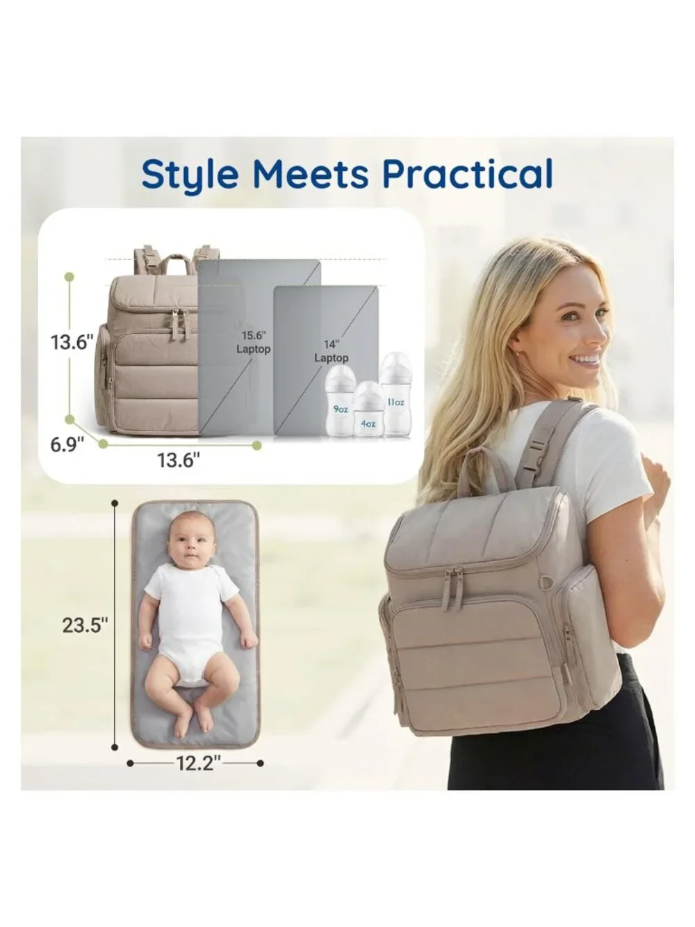 mommore Diaper Bag Backpack Water Resistant Polyester Changing Pad Travel
